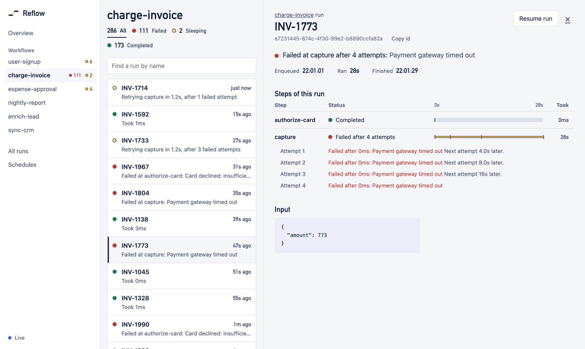 The Reflow dashboard: workflows in a sidebar, a charge-invoice workflow's runs in a list, and one run open showing its capture step failing after four attempts, with the wait before each retry